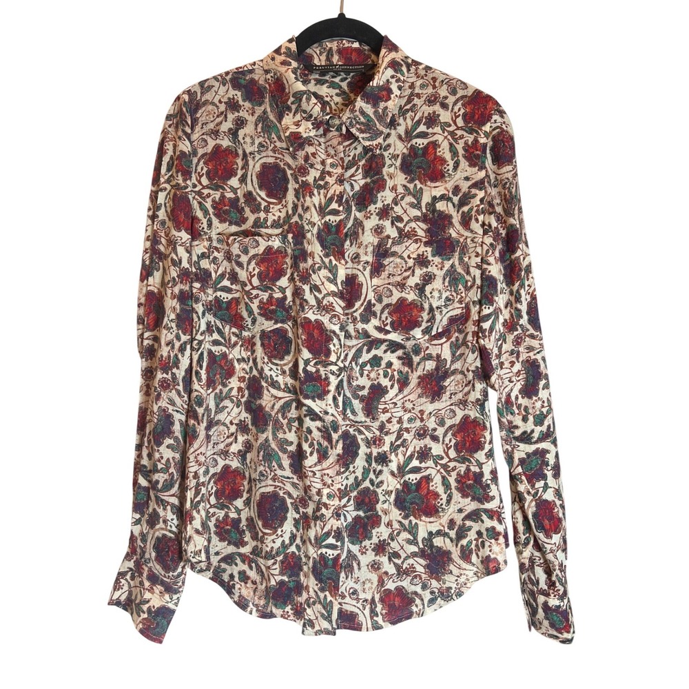 Peruvian Connection Floral‎ Paisley Button Up Shirt Blouse Rayon Modal Red Small